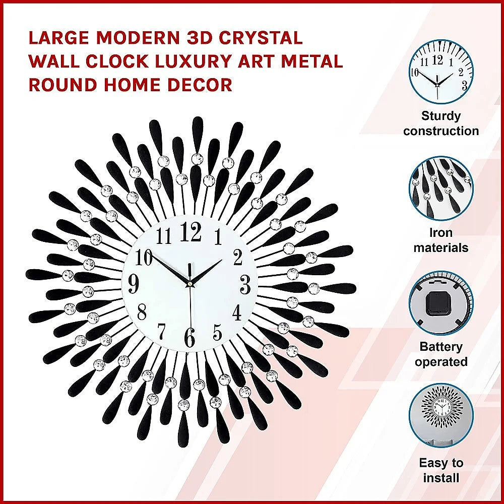 Modern 3D Crystal Wall Clock Luxury Art Metal Round Home