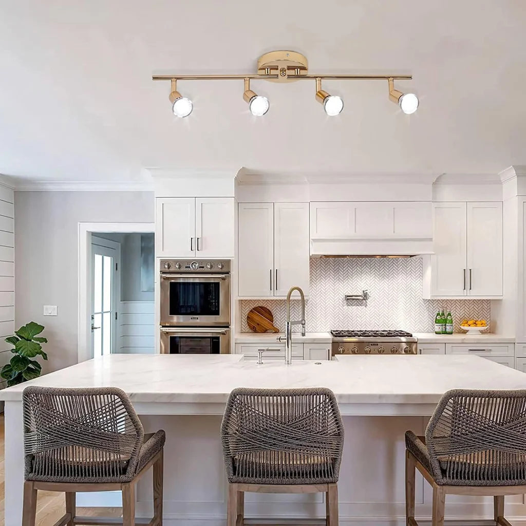 Modern light track with tiered shelves and metal supports