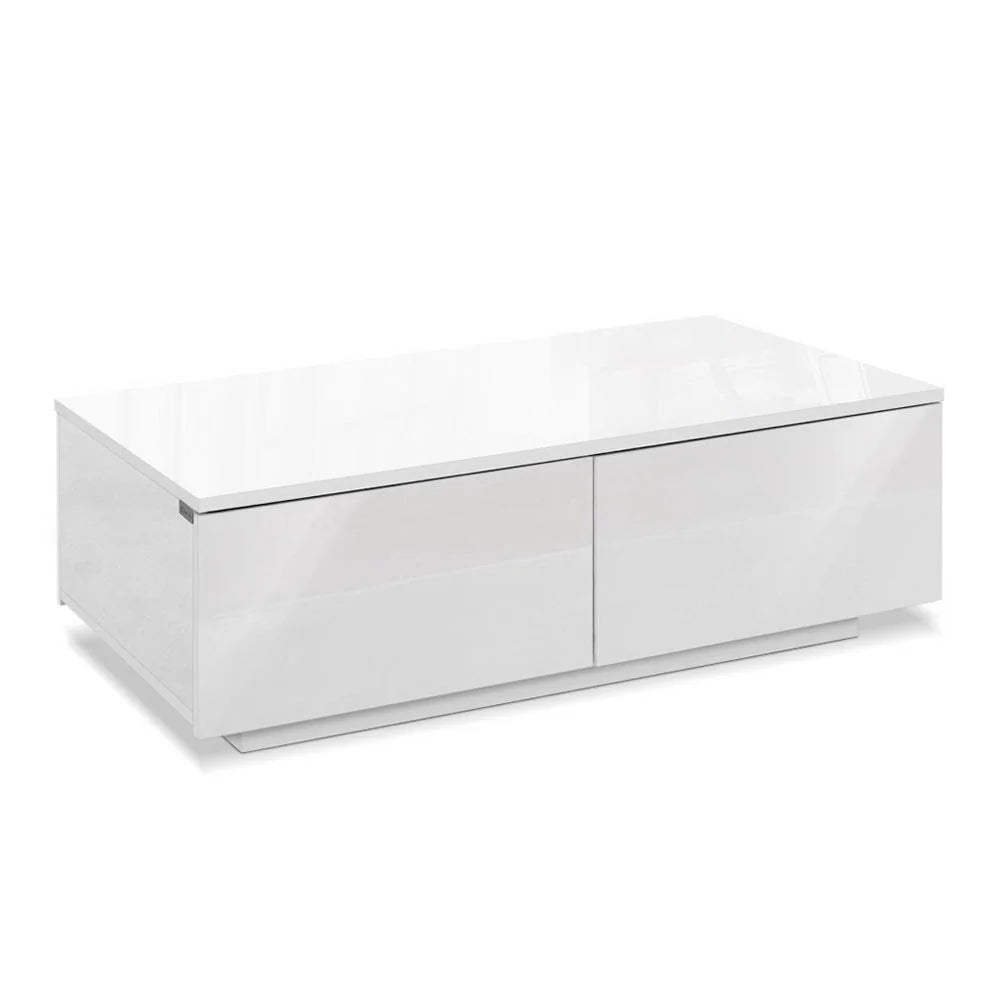 White coffee table with glass top and living room shelf
