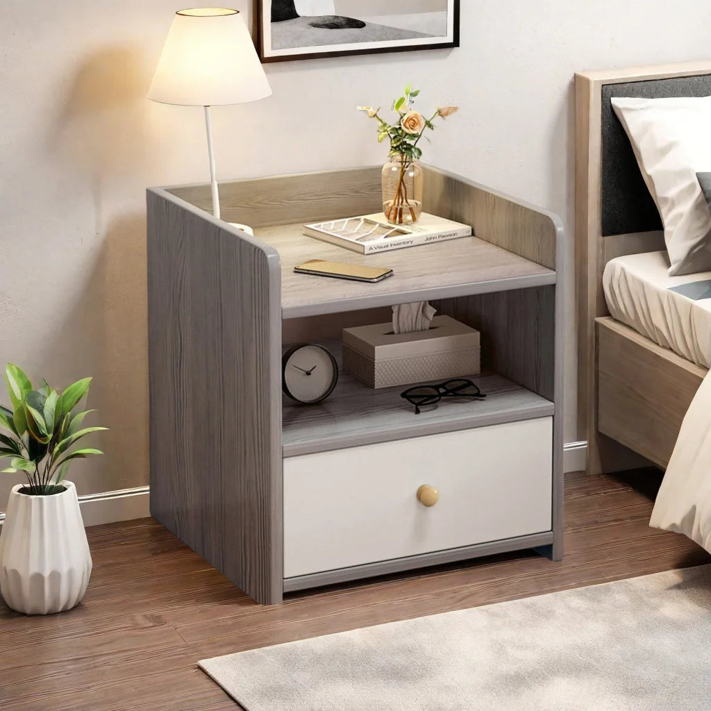 Modern Nightstand Light Gray Wood Grain Safety Tray Storage