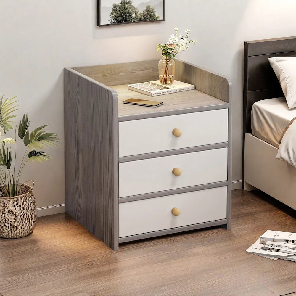 Modern Nightstand Light Gray Wood Grain Three Drawers