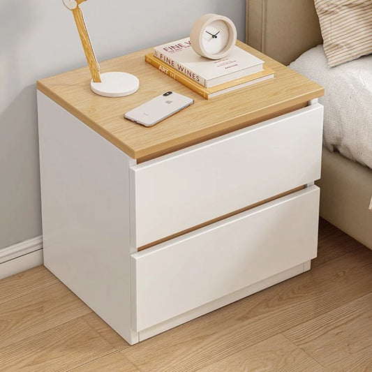 Modern Nightstand Oak Wood Grain Top White Cabinet Double