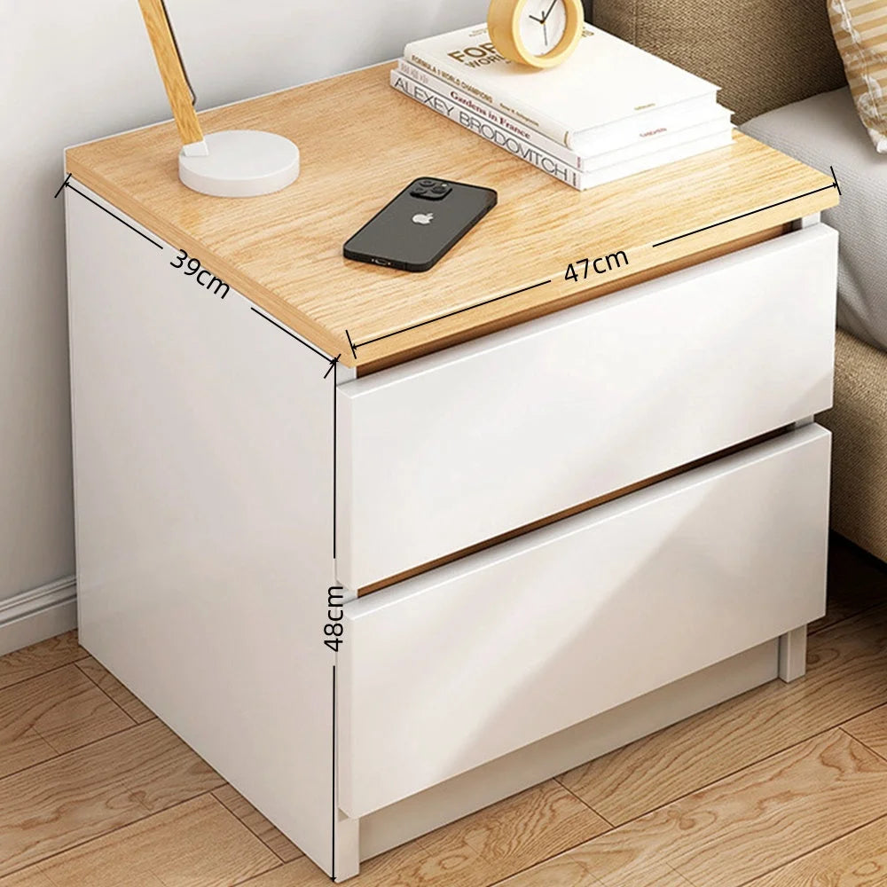 Modern Nightstand Oak Wood Grain Top White Cabinet Double