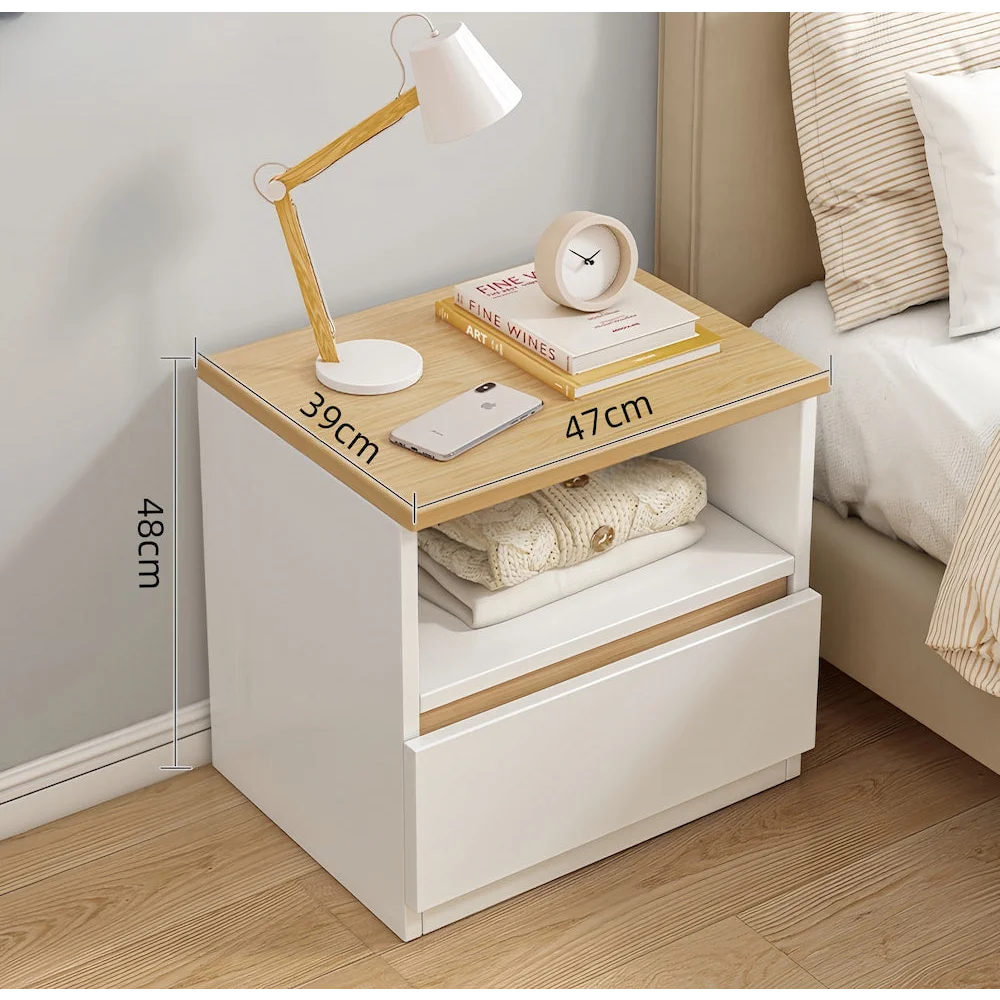 Modern Nightstand Oak Wood Grain Top White Cabinet Open