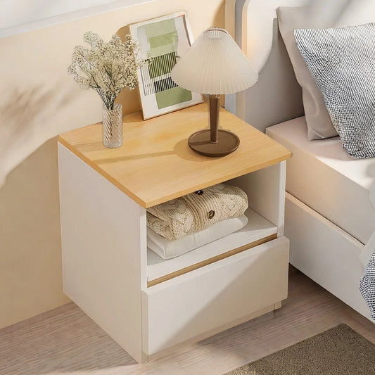 Modern Nightstand Oak Wood Grain Top White Cabinet Open