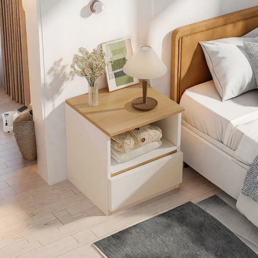 Modern Nightstand Oak Wood Grain Top White Cabinet Open