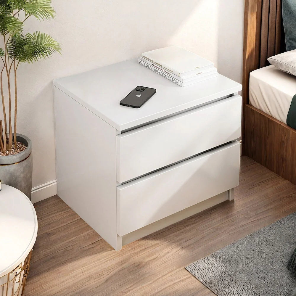Modern Nightstand Warm White Double Drawer Finger Pull