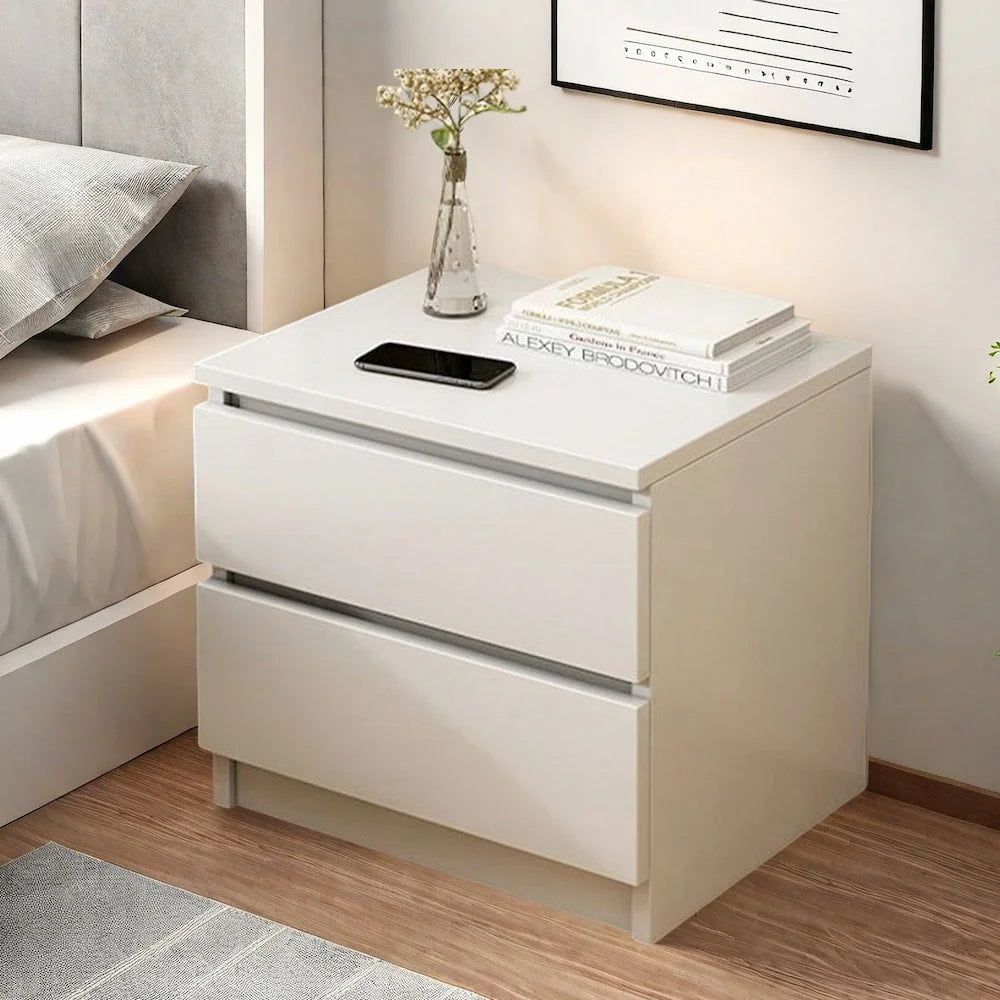 Modern Nightstand Warm White Double Drawer Finger Pull