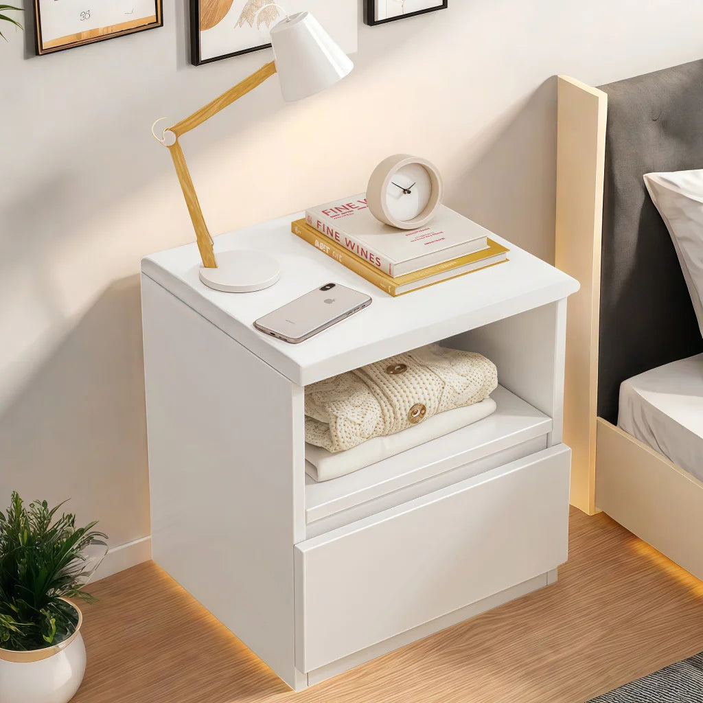 Modern Nightstand Warm White Open Storage Finger Pull