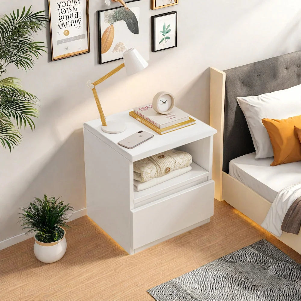 Modern Nightstand Warm White Open Storage Finger Pull