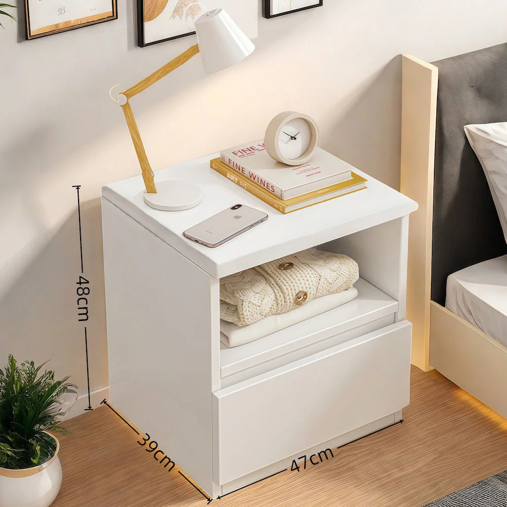 Modern Nightstand Warm White Open Storage Finger Pull
