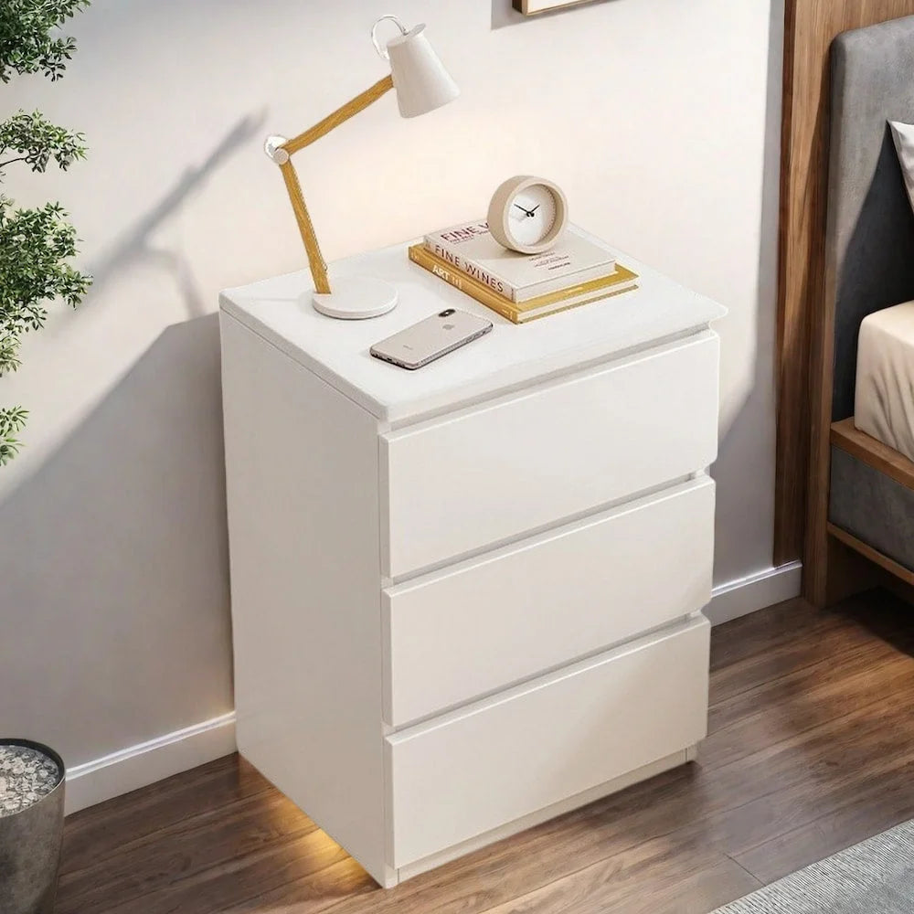 Modern Nightstand Warm White Triple Drawer Finger Pull