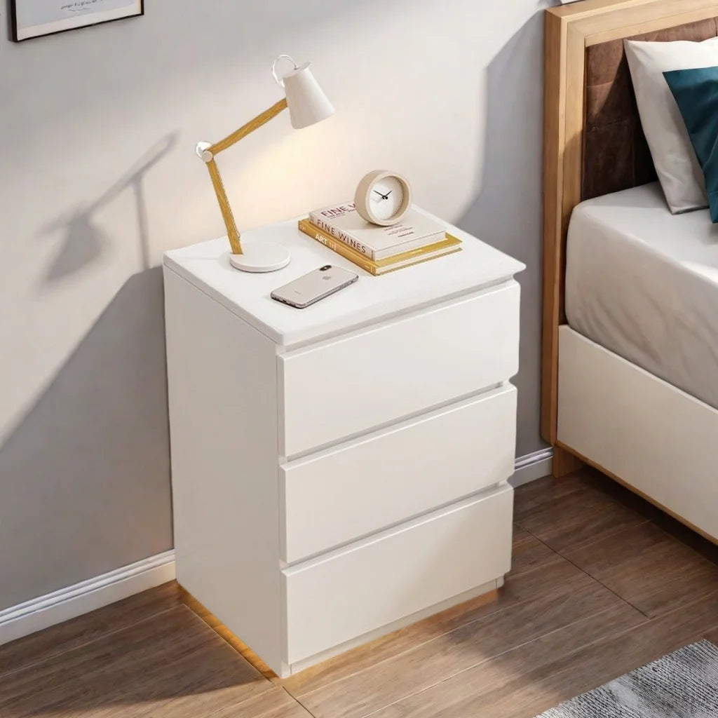 Modern Nightstand Warm White Triple Drawer Finger Pull