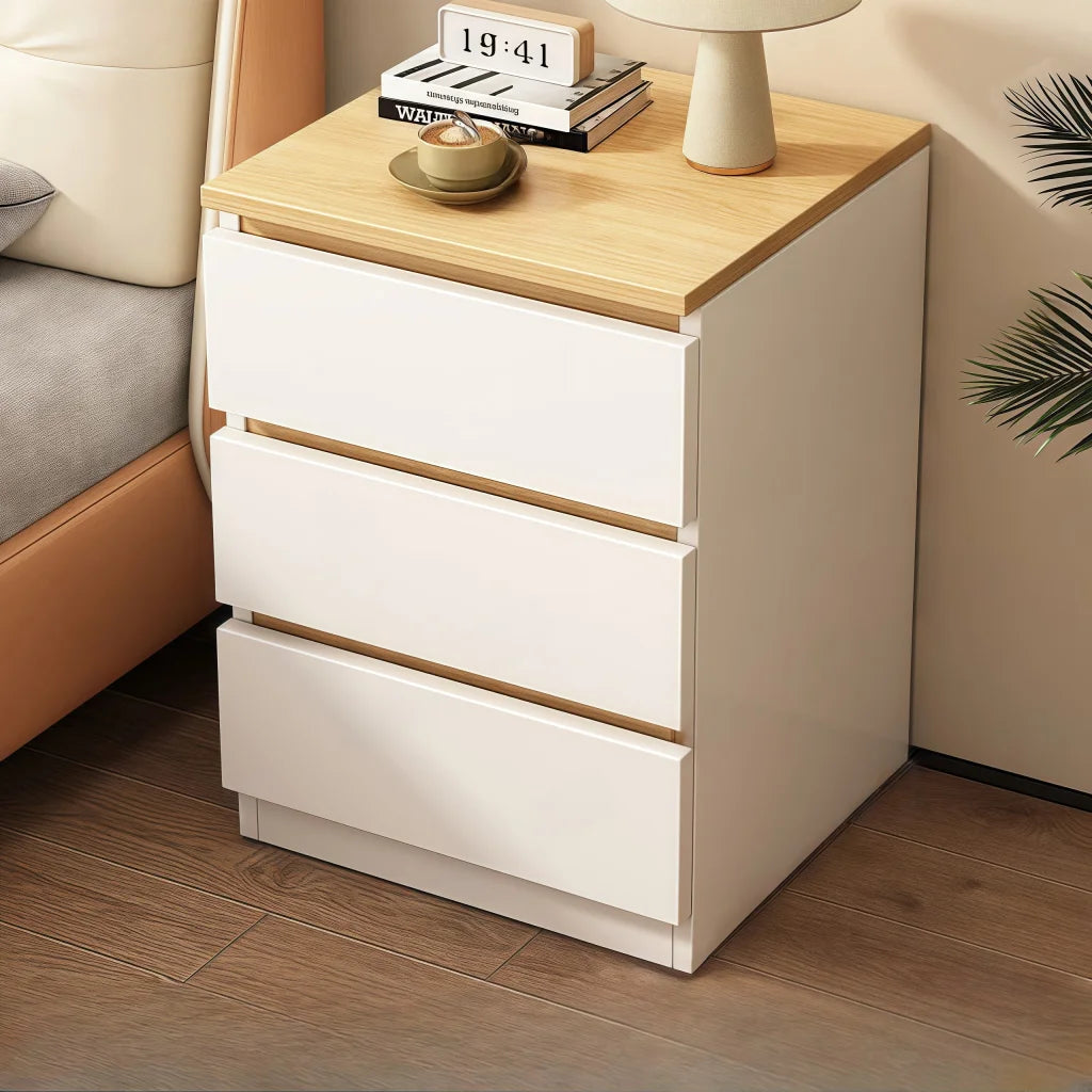 Modern Nightstand Wood Effect Top White Cabinet Triple
