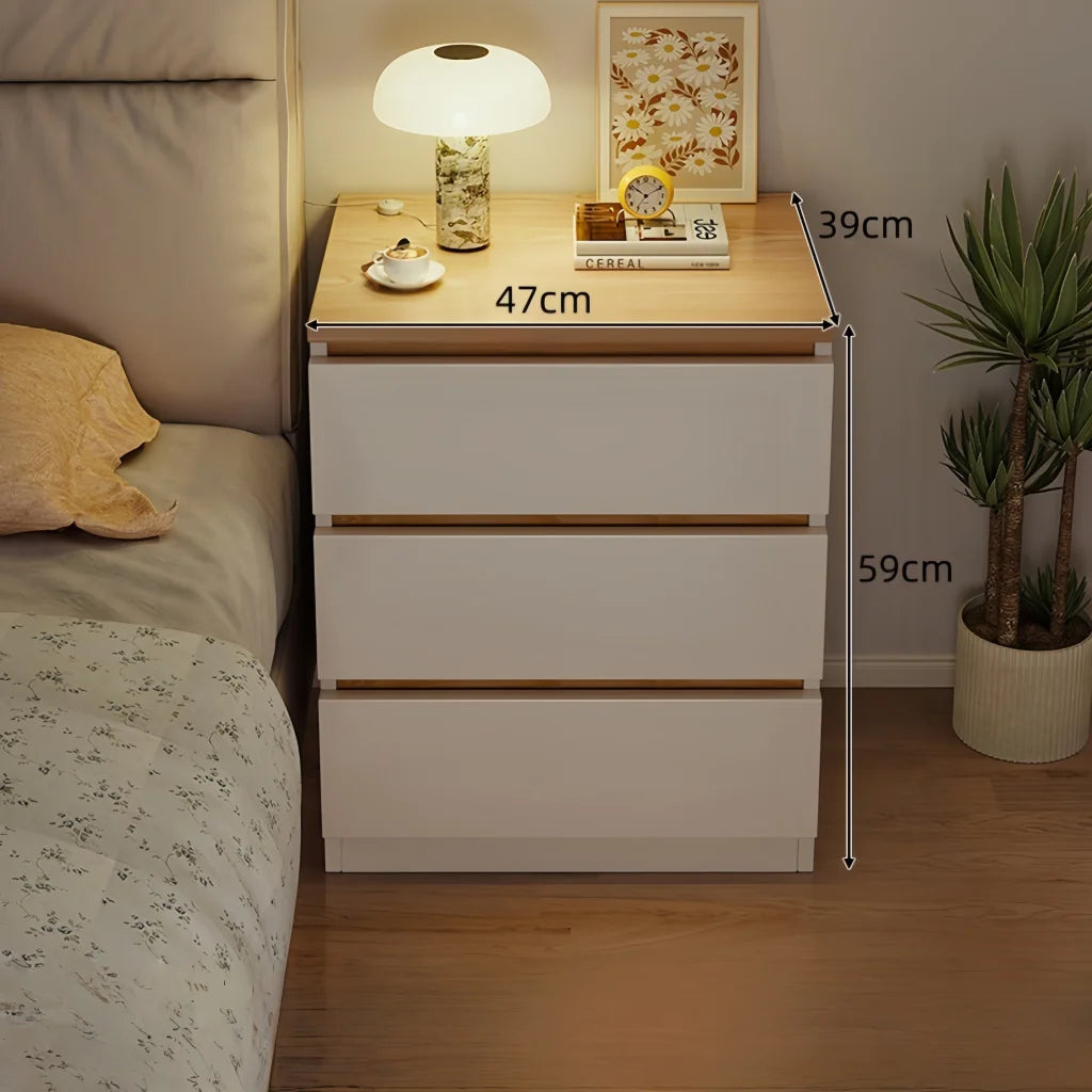 Modern Nightstand Wood Effect Top White Cabinet Triple
