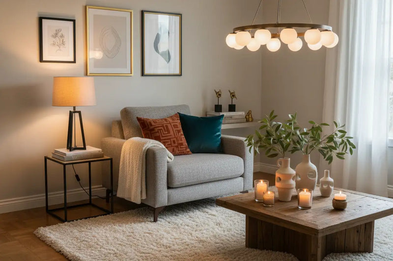 Create a image for home decor and lighting which includes home decoration Things and lighting etc. 