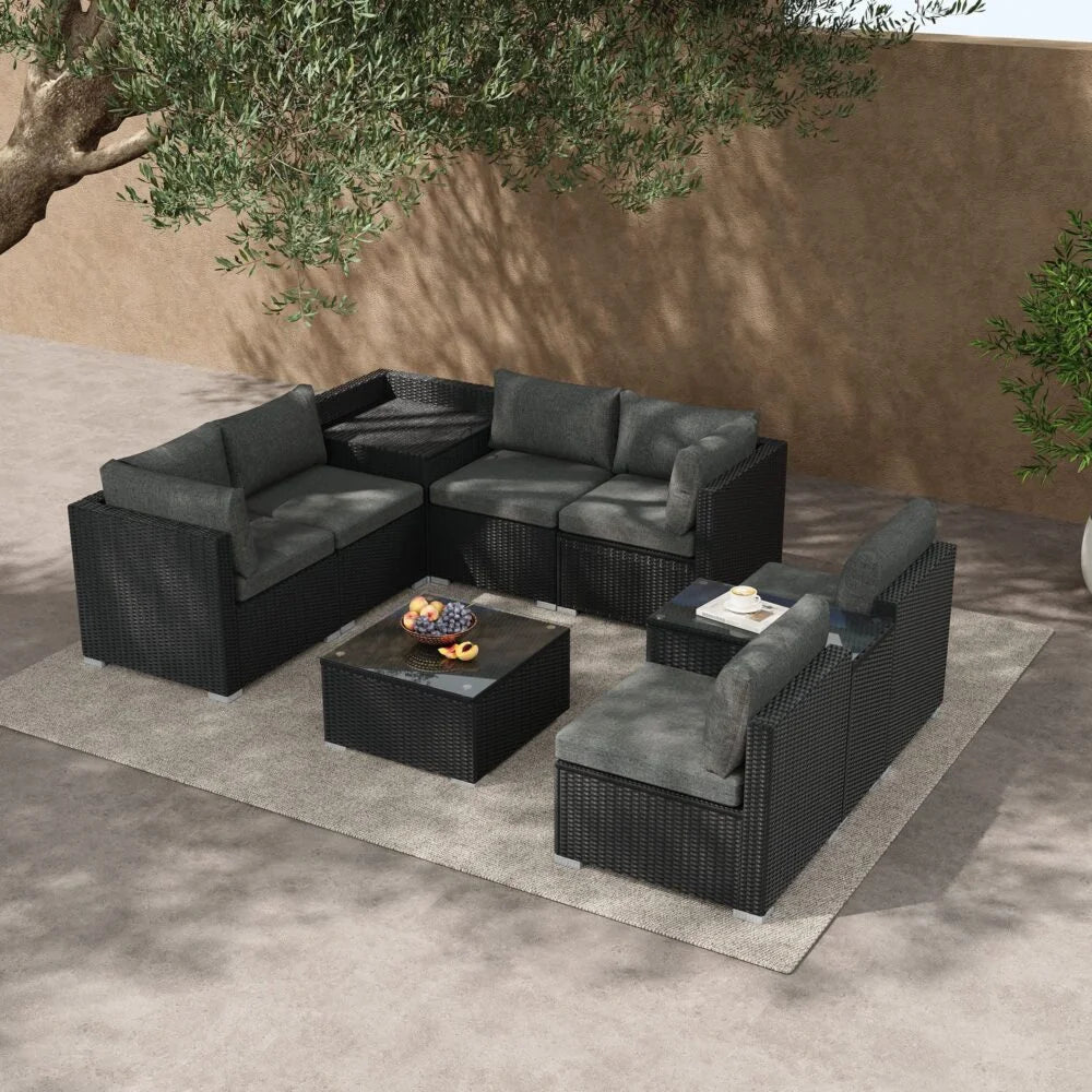 Modular Outdoor Lounge Set-9pcs Sofa Armchairs and Coffee