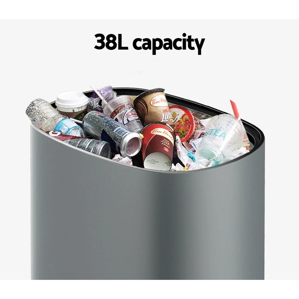 Grey 38l motion sensor bin with size cues and product form