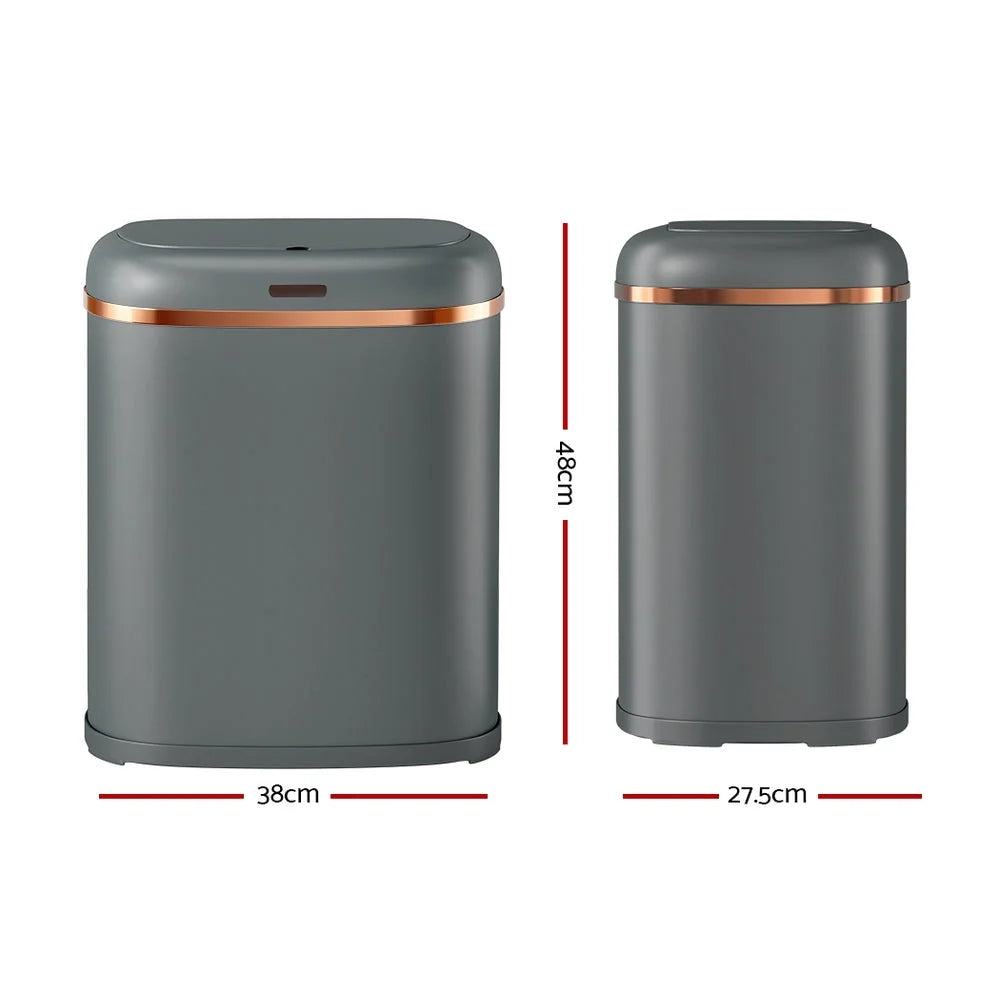 Grey 38l motion sensor bin with tabletop context and item shape