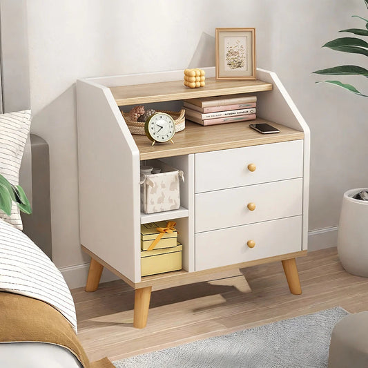 Multi-Storage Nightstand White Wood Combo Three Drawers