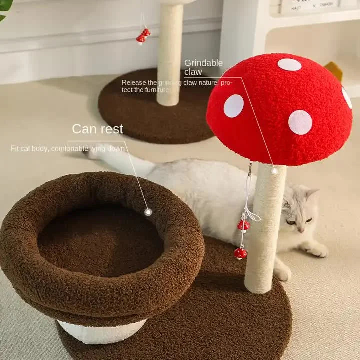 Mushroom-Themed Cat Tree with Cozy Bed and Scratching Post