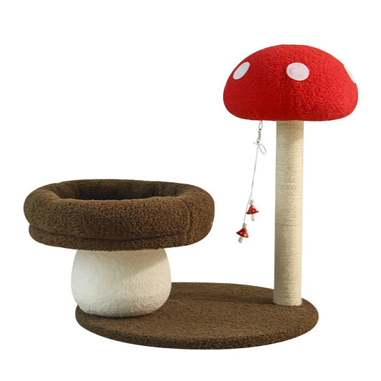 Mushroom-Themed Cat Tree with Cozy Bed and Scratching Post