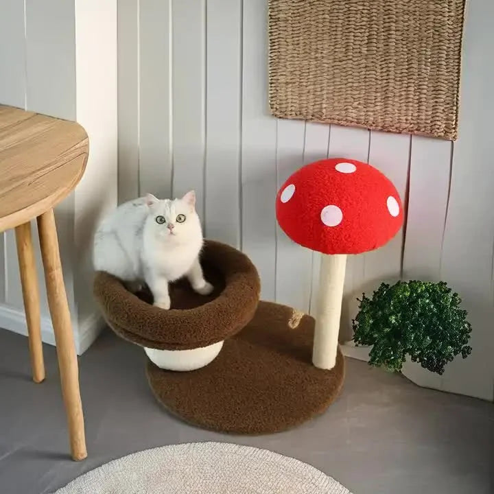 Mushroom-Themed Cat Tree with Cozy Bed and Scratching Post