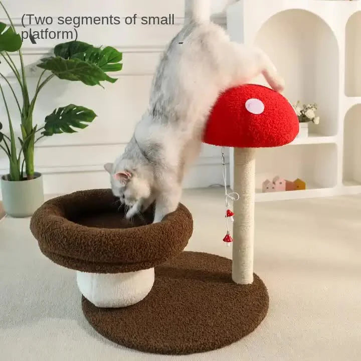 Mushroom-Themed Cat Tree with Cozy Bed and Scratching Post