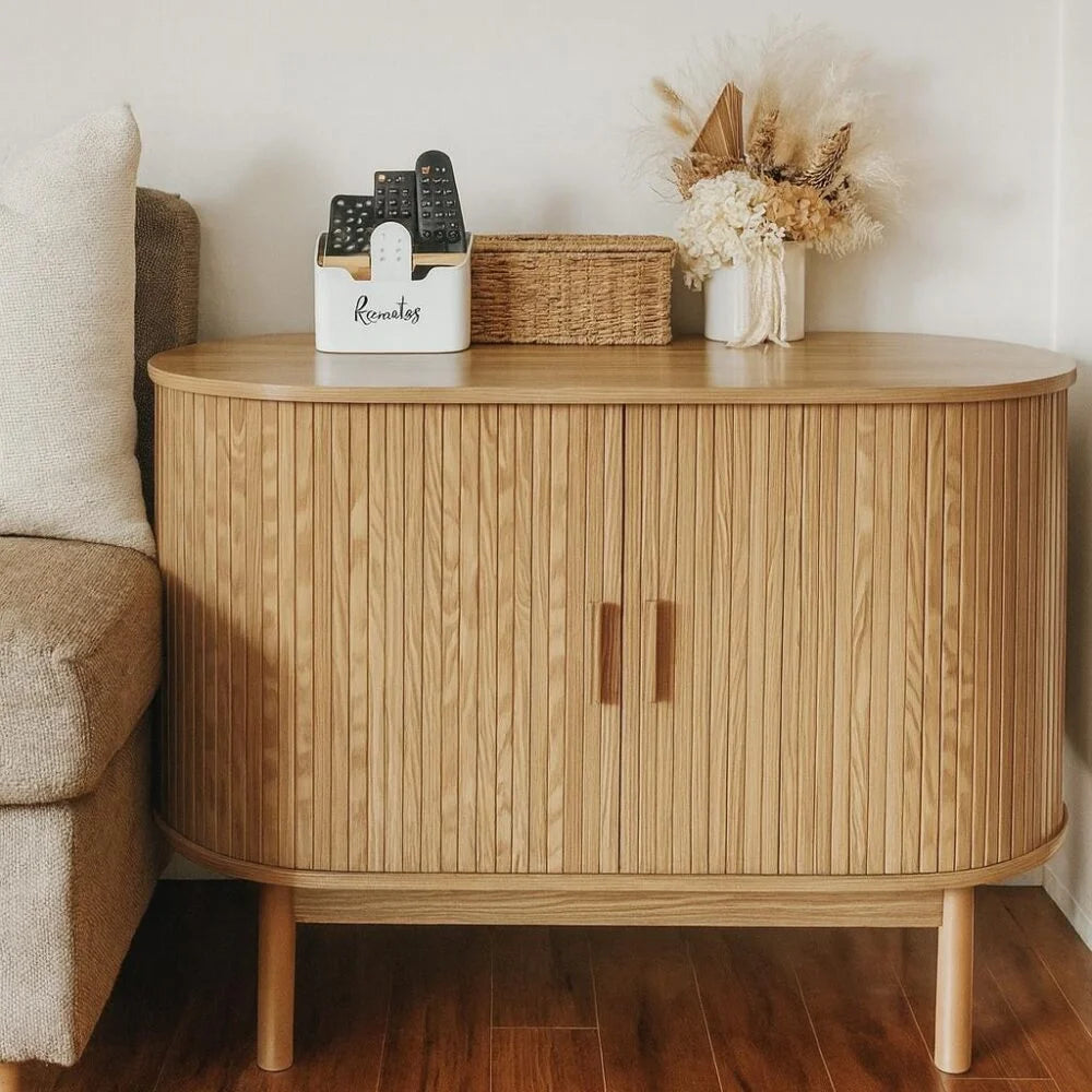 Natural Wood Ribbed Sideboard Cabinet - Furniture