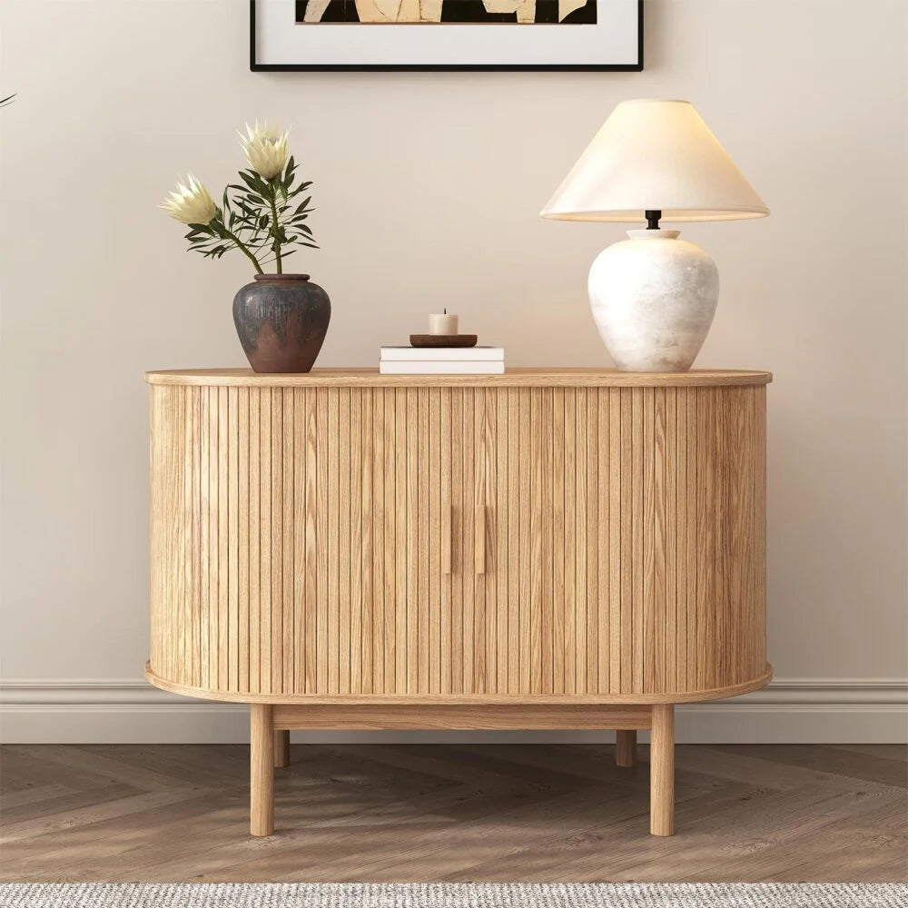 Natural Wood Ribbed Sideboard Cabinet - Furniture