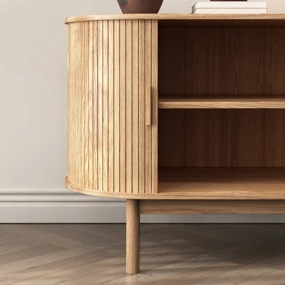 Natural Wood Ribbed Sideboard Cabinet - Furniture