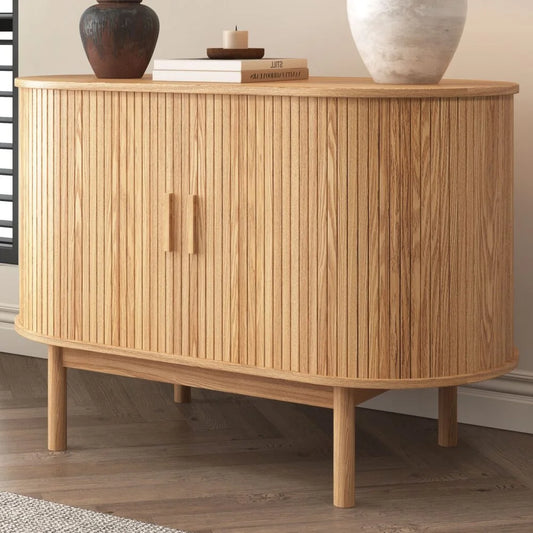 Natural Wood Ribbed Sideboard Cabinet - Furniture