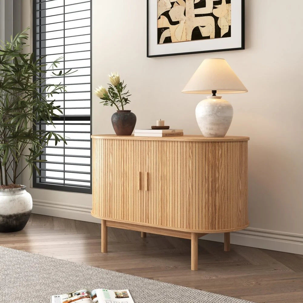 Natural Wood Ribbed Sideboard Cabinet - Furniture