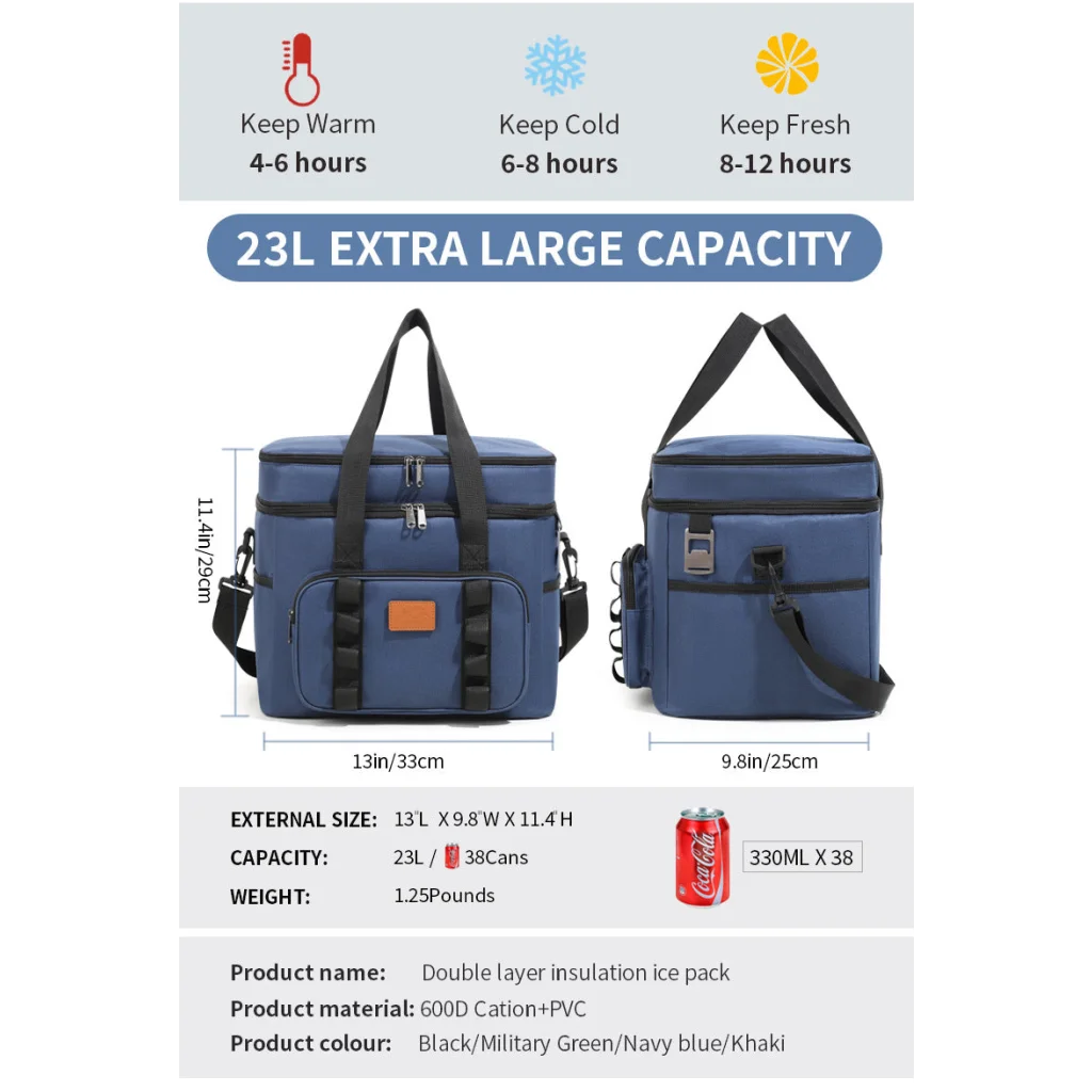 Navy Blue 23L Extra Large Insulated Cooler Bag with Double