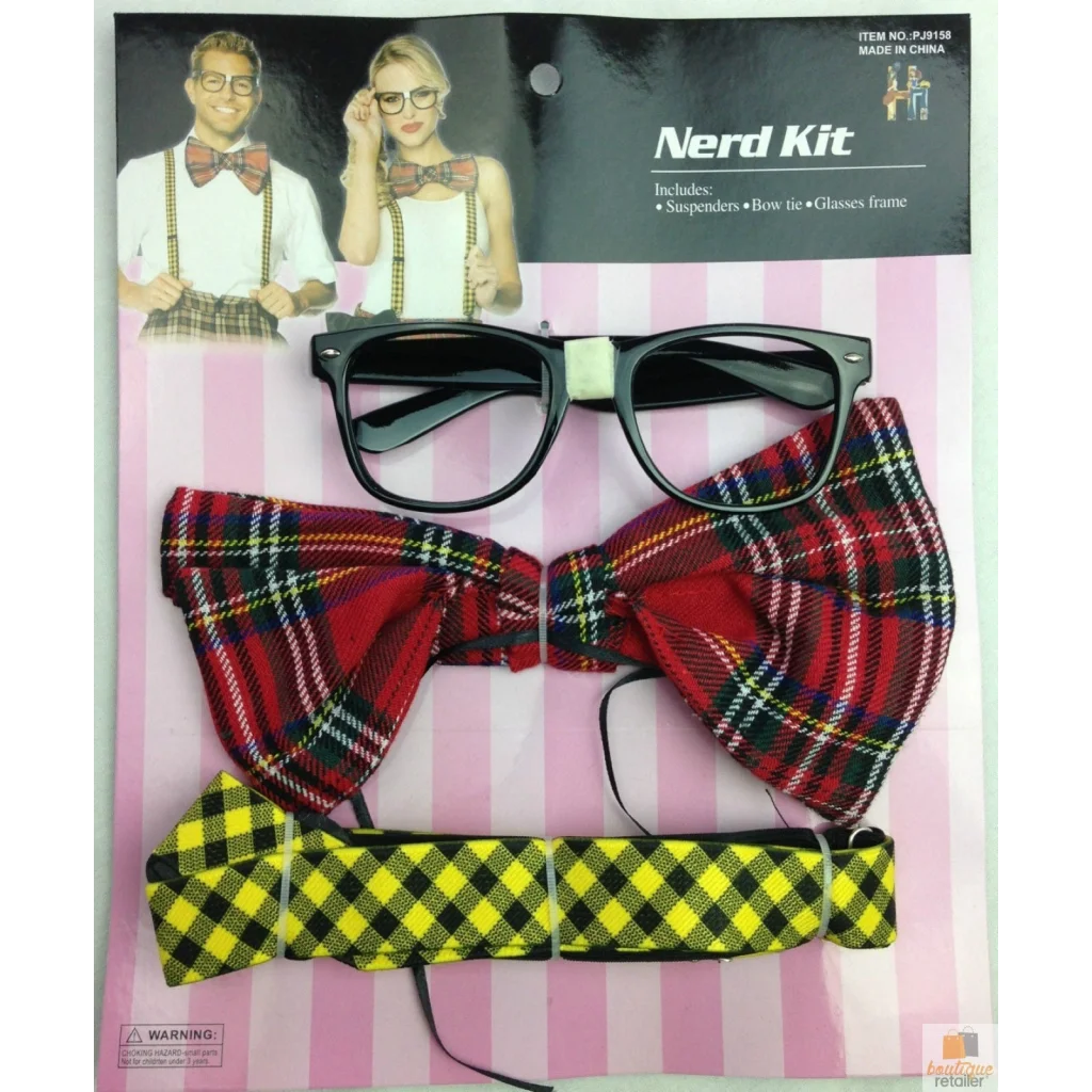 NERD COSTUME KIT Set Geek Glasses Fancy Dress Retro Funny