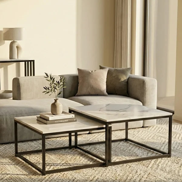 Nested Coffee Table Set Ciest Square - White Marble Stone