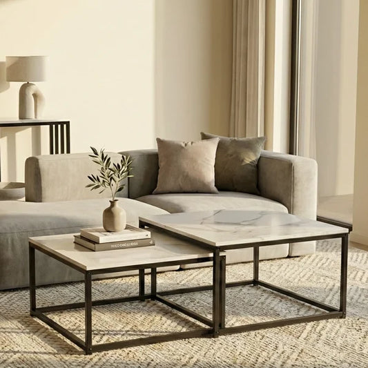 Nested Coffee Table Set Ciest Square - White Marble Stone