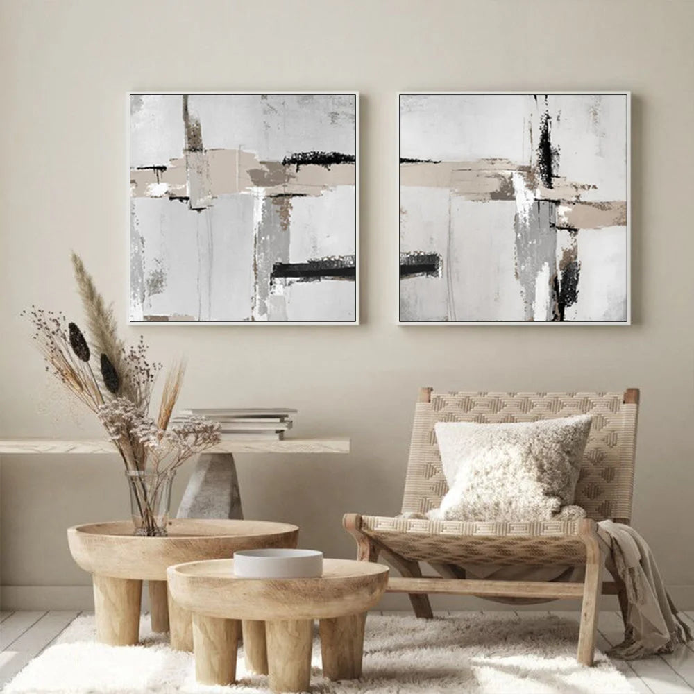 Neutral Abstract Wall Art Canvas 40cmx40cm 2 Sets White