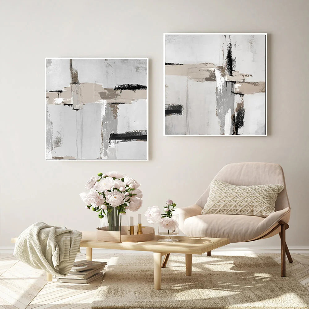 Neutral Abstract Wall Art Canvas 90cmx90cm 2 Sets White