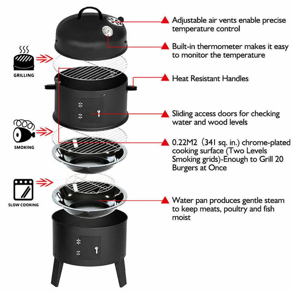 NEW 3in1 Portable Charcoal Vertical Smoker BBQ Roaster
