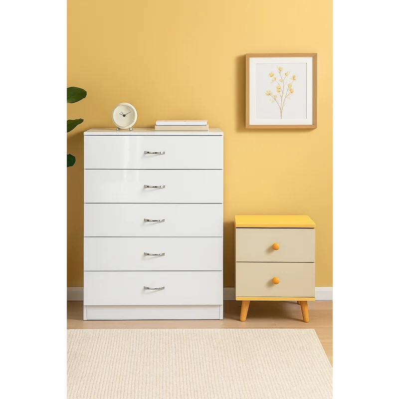 NNECN 5 Layer White Drawer Chest Storage with Bedside Table
