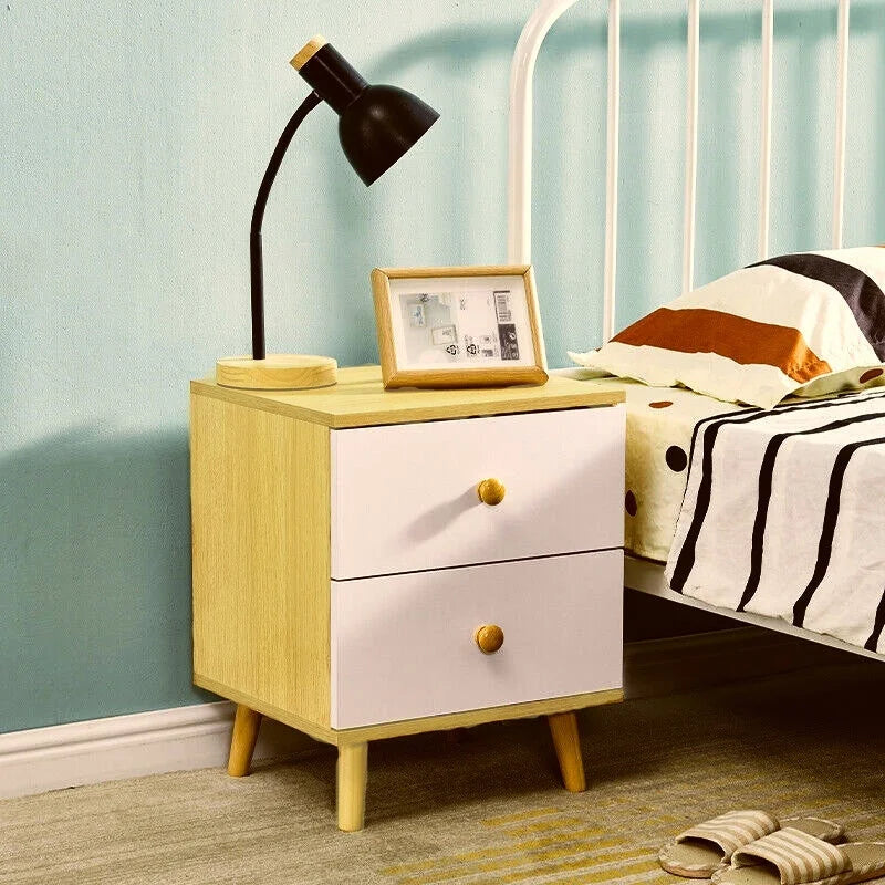 NNECN Wooden Bedside Cabinet with Two Drawers & Sturdy Legs
