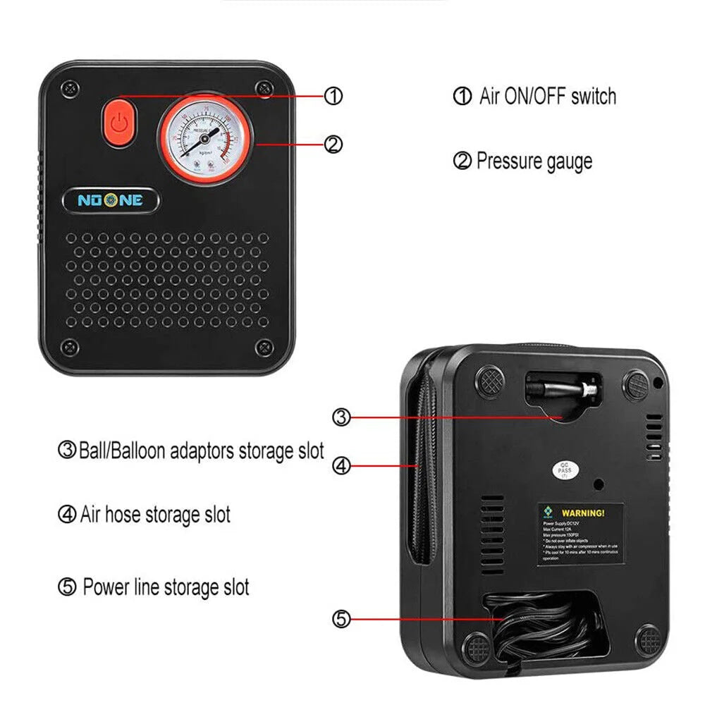 NOONE 1.9M Air Compressor Tire Inflator 12V Portable Car