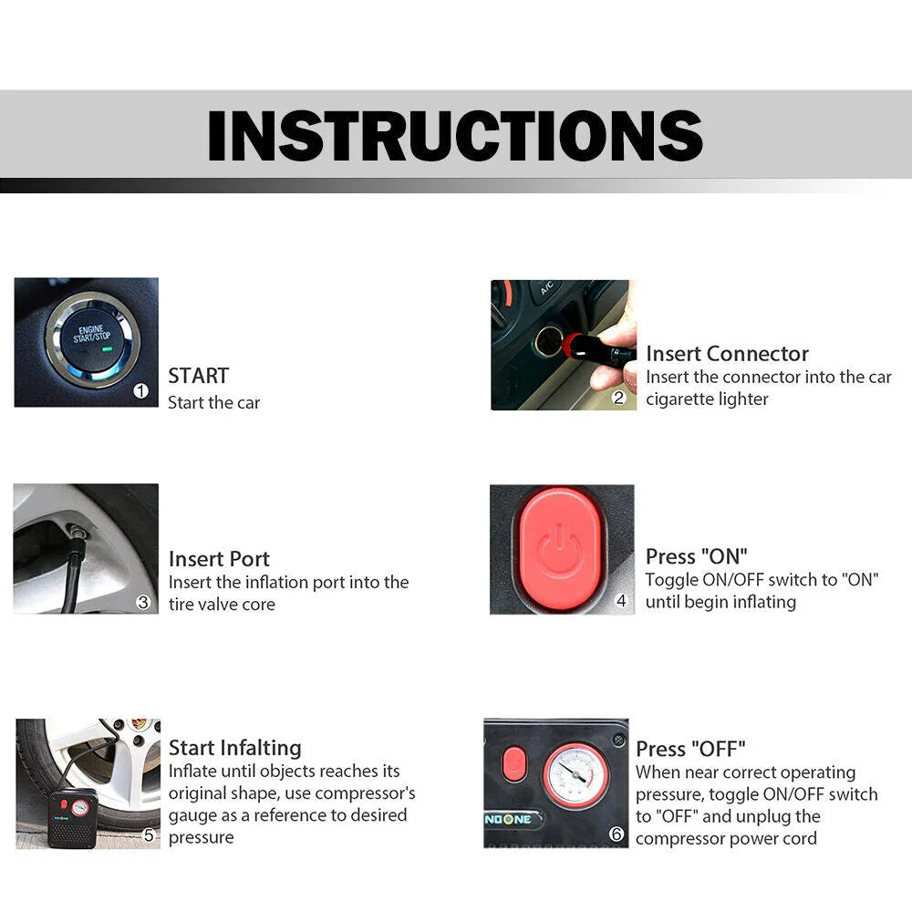 NOONE 1.9M Air Compressor Tire Inflator 12V Portable Car