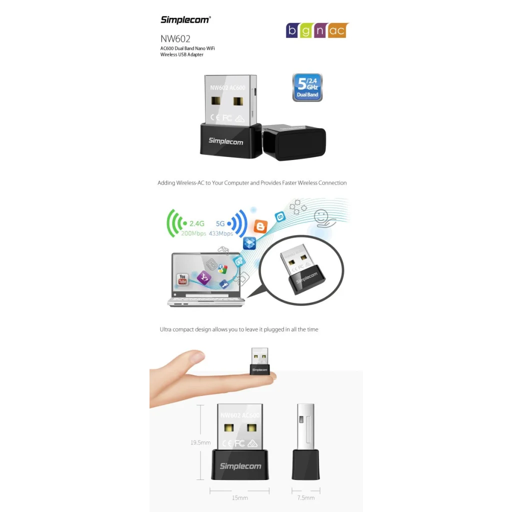 NW602 AC600 Dual Band Nano USB WiFi Wireless Adapter