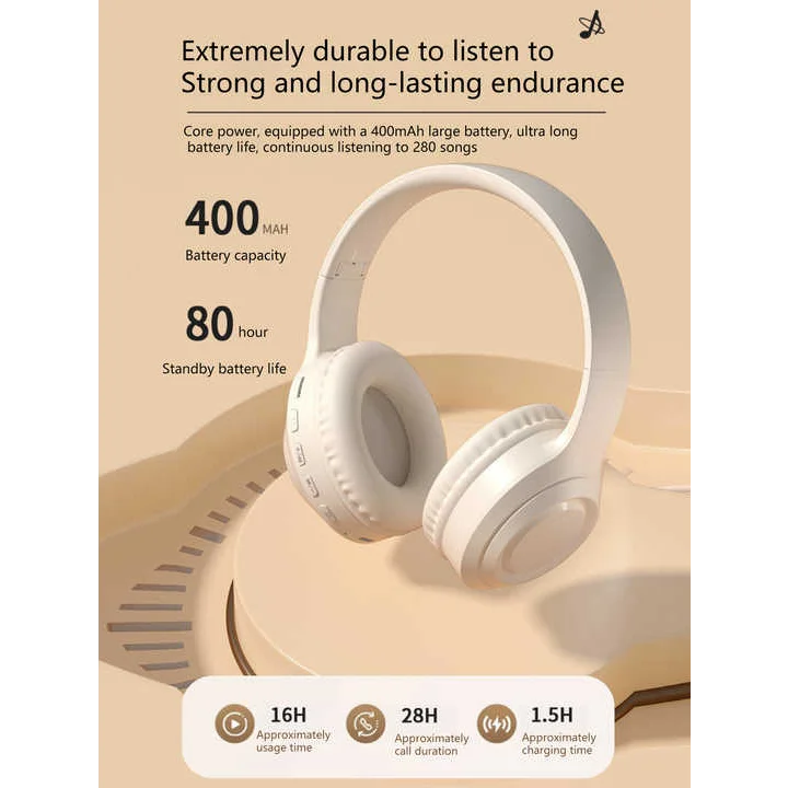 Off White Wireless Headphones - 400mAh 16H Playtime SD Card