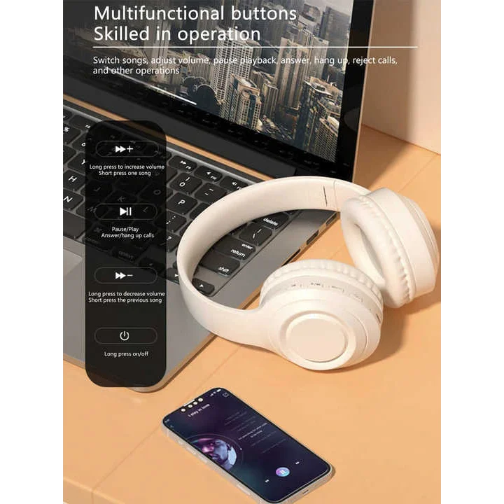 Off White Wireless Headphones - 400mAh 16H Playtime SD Card