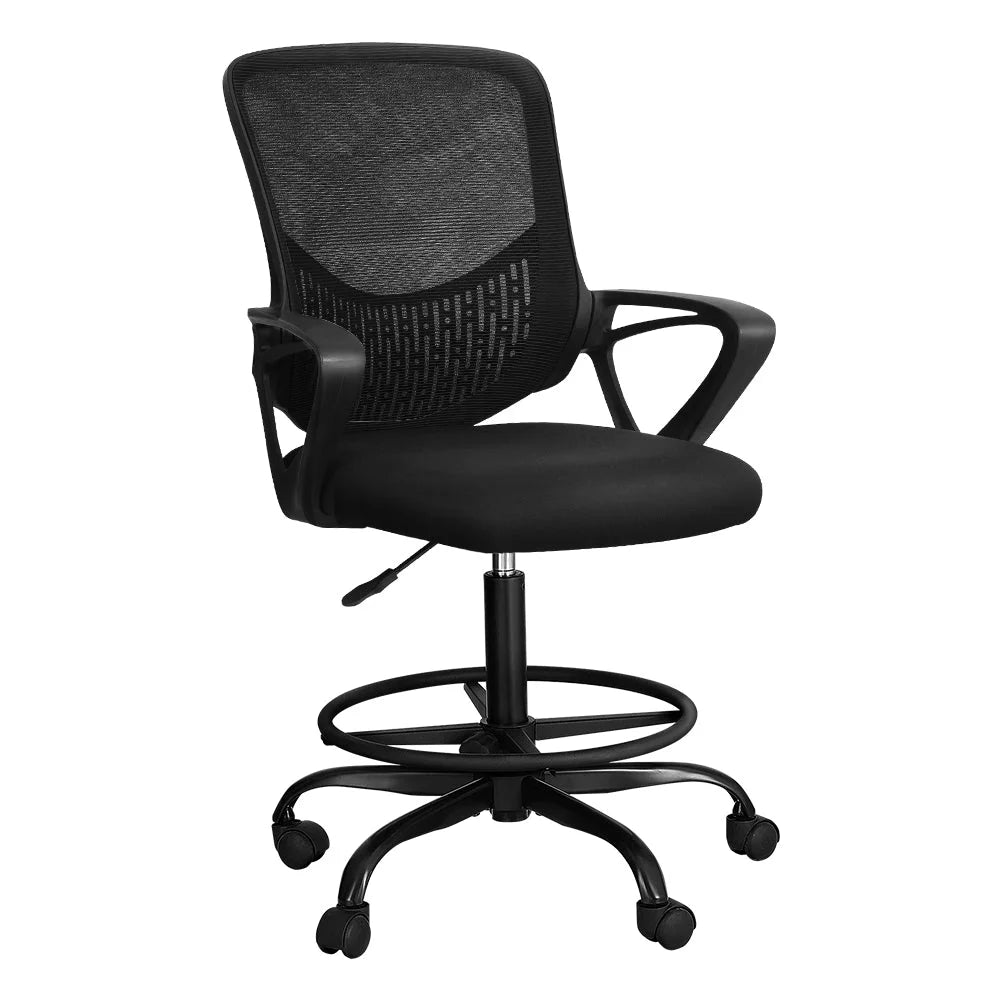 Black mesh office chair with hanging seat and stand supports