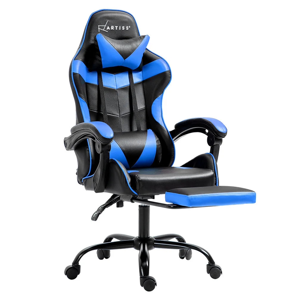 Blue leather office chair with padded seat and support frame