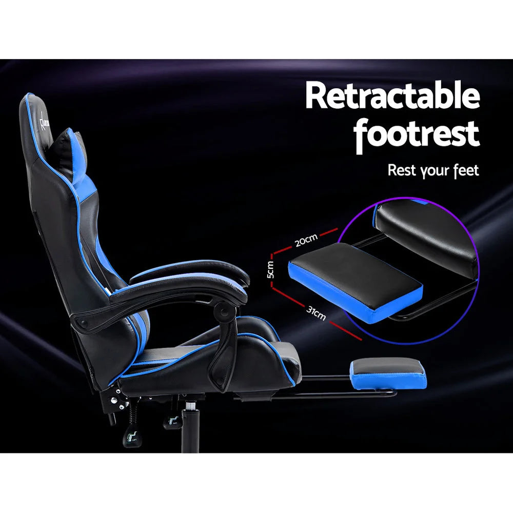 Blue leather office chair with mesh backrest and caster base